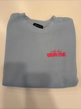 White Fox Crew Neck hibiscus sweatshirt. Light Blue 'With Love'. Size M/L